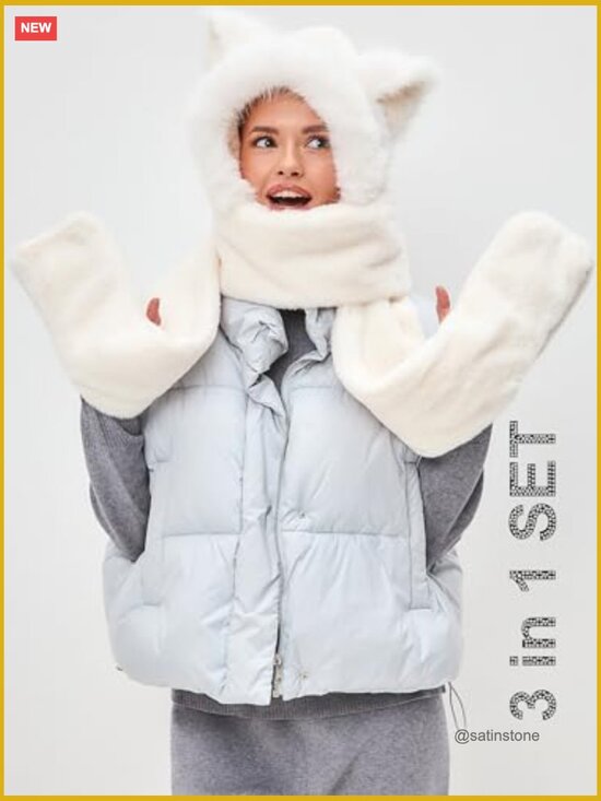 3 in 1 Plush Cat Ears Hat with Mittens and Scarf Faux Fur Hood main image 4